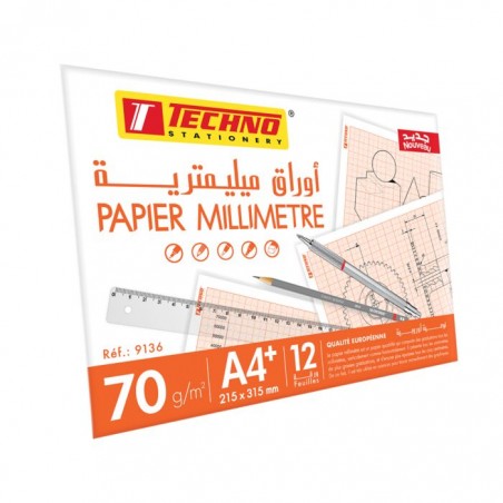 Papier millimètre 70g Pochette 12 feuilles  A4 "TECHNO"